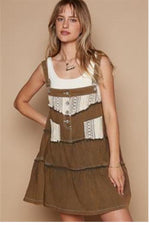 Denim and Lace Tiered Overall Dress: Charcoal Brown