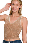 Washed Ribbed Cropped Bra Padded V-neck Tank Top: SAND BEIGE / 3-3 (S/M-L/XL)