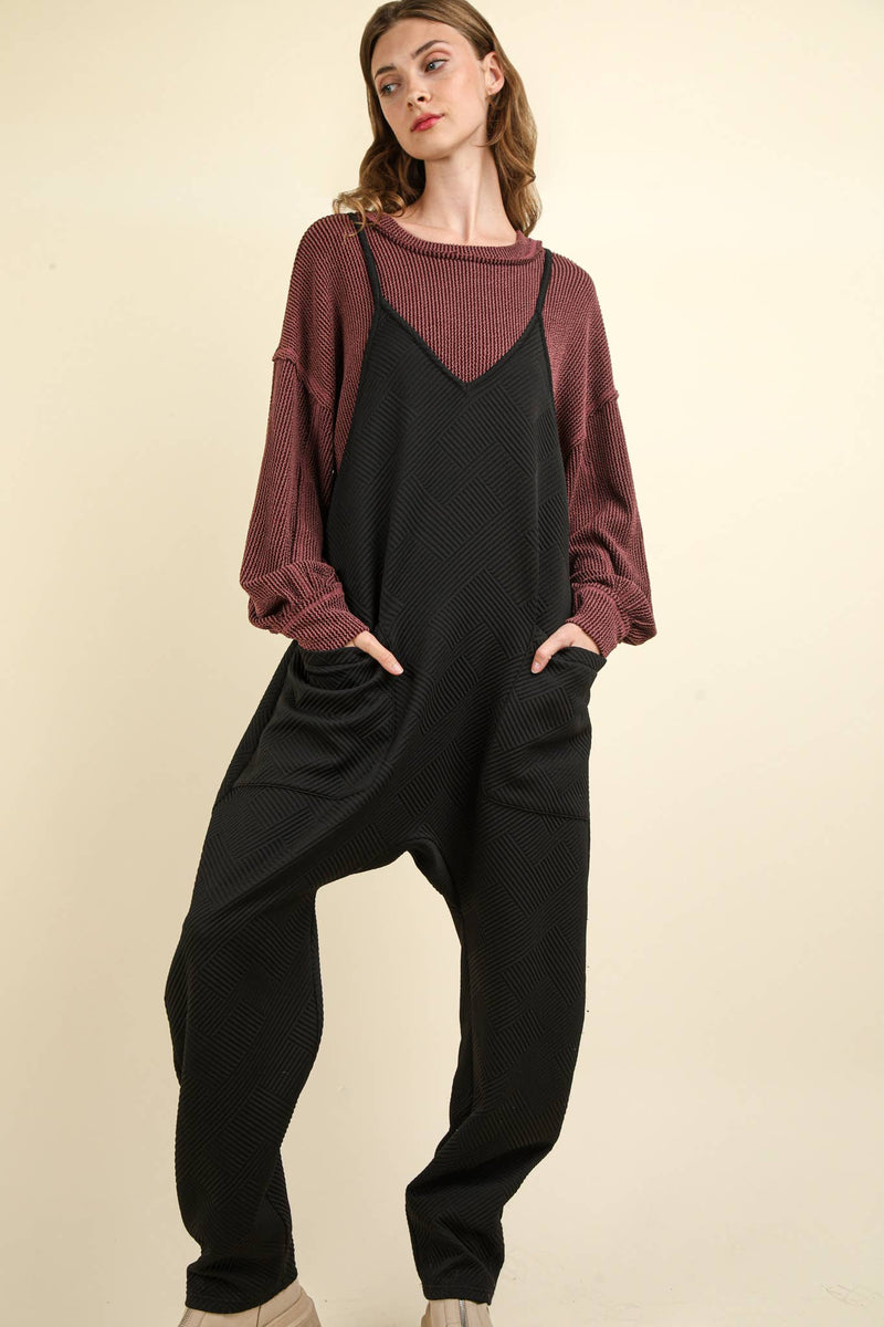 Quilted Loose Fit Casual Baggy Knit Onesie: Black