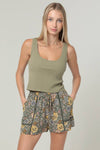 Lace Trim Elastic Floral Shorts: Olive