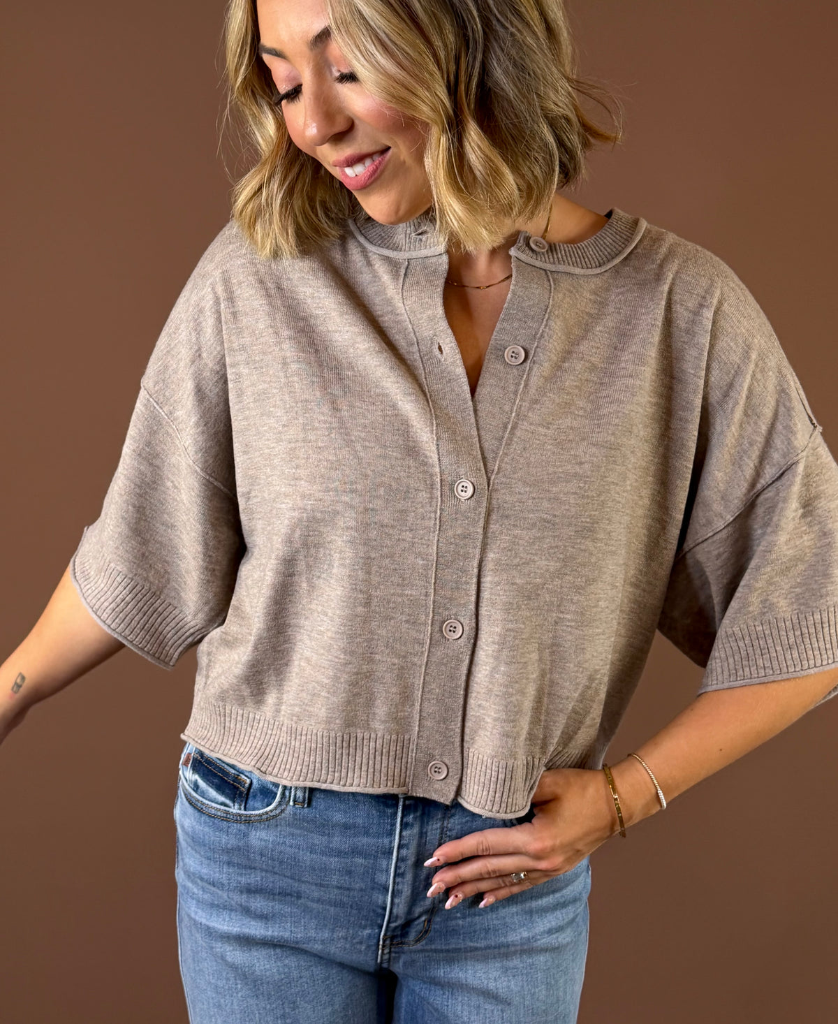Easy Does It Short Sleeve Cardigan Peanut featuring peanut brown short sleeve cardigan with round neckline and rolled edges
