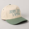 JESUS SAVES I SPEND Embroidery Trucker Hat: SKY BLUE / ONE SIZE