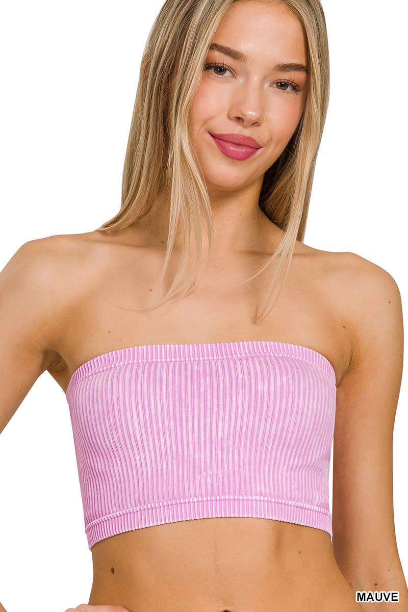 Washed Ribbed Seamless Tube Top: SAND BEIGE / 3-3 (S/M-L/XL)