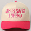 JESUS SAVES I SPEND Embroidery Trucker Hat: SKY BLUE / ONE SIZE