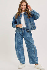 Denim Washed Floral Print Barrel Jeans