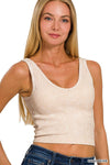 Washed Ribbed Cropped Bra Padded V-neck Tank Top: SAND BEIGE / 3-3 (S/M-L/XL)