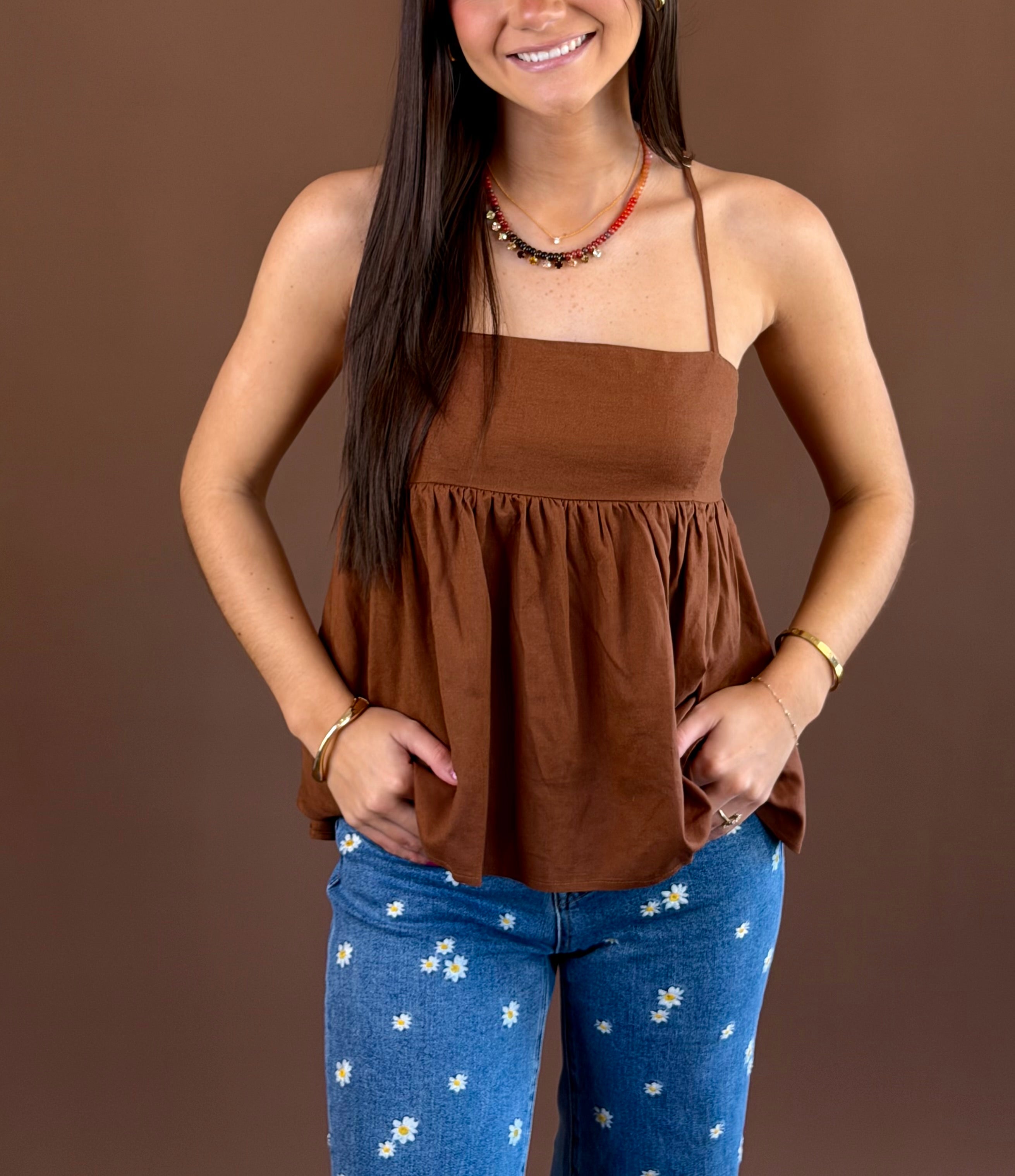 Espresso Yourself women's rich brown linen-blend babydoll top with a flared silhouette and adjustable spaghetti straps.