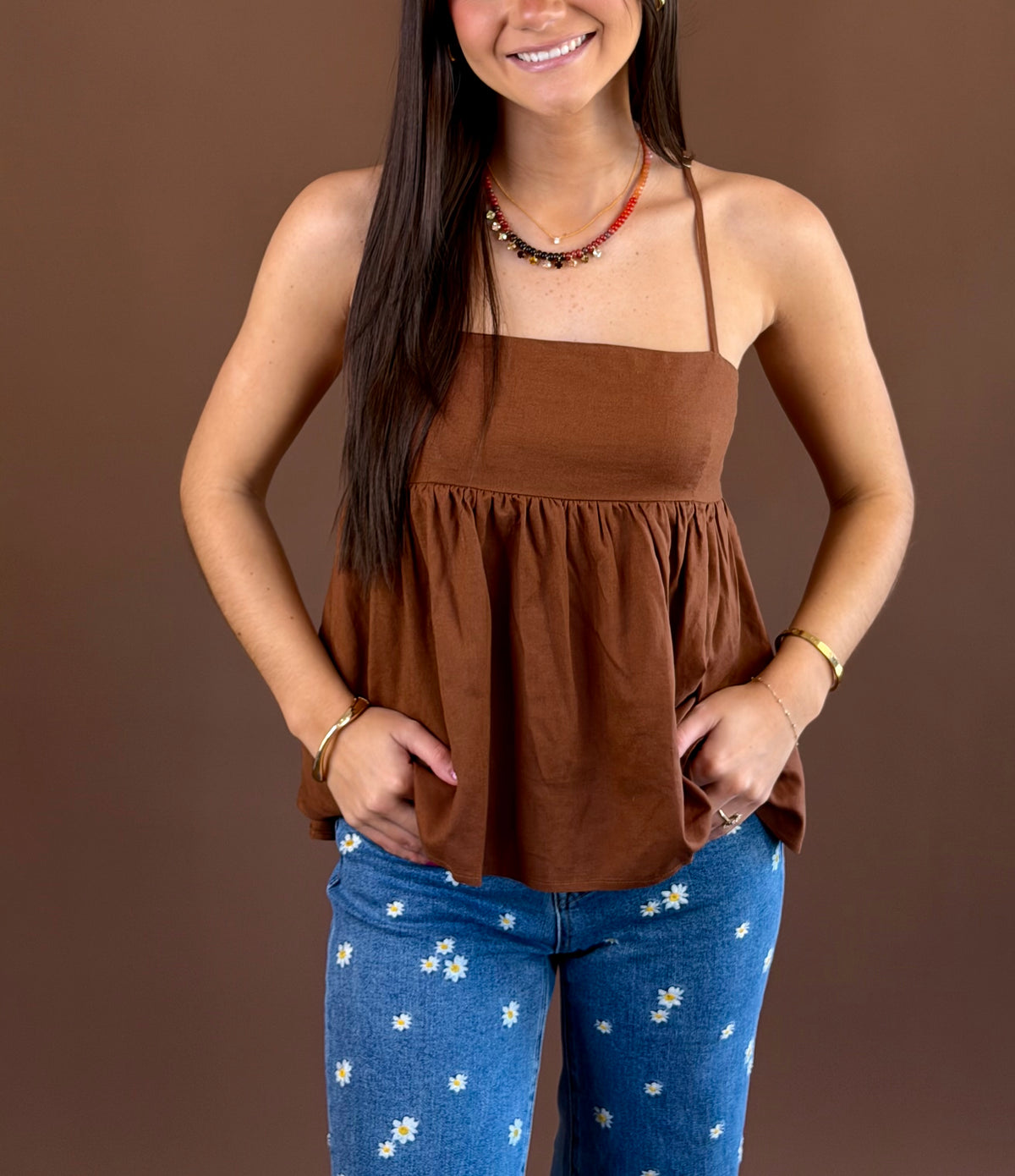 Espresso Yourself women's rich brown linen-blend babydoll top with a flared silhouette and adjustable spaghetti straps.