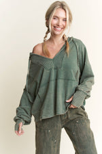 Mineral Wash Vneck Hoodie Sweatshirt with Thumbholes : Olive