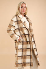 City Style Plaid Fuzzy Button Down Coat: Mocha