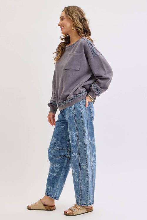 Denim Washed Floral Print Barrel Jeans