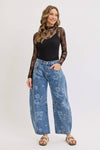 Denim Washed Floral Print Barrel Jeans