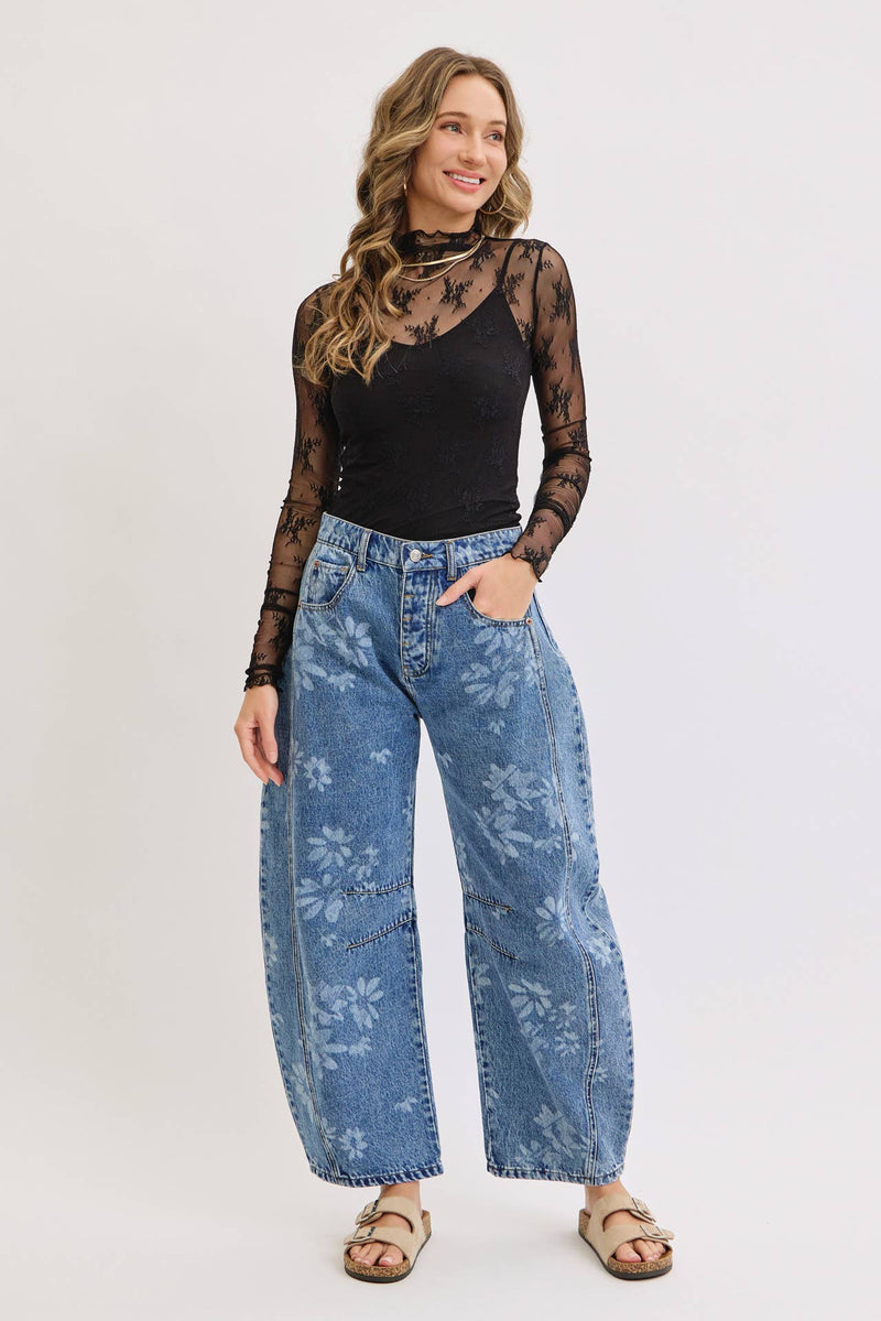 Denim Washed Floral Print Barrel Jeans