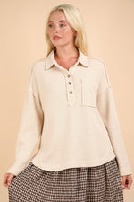 Half Button Textured Henley Knit Top: Cream