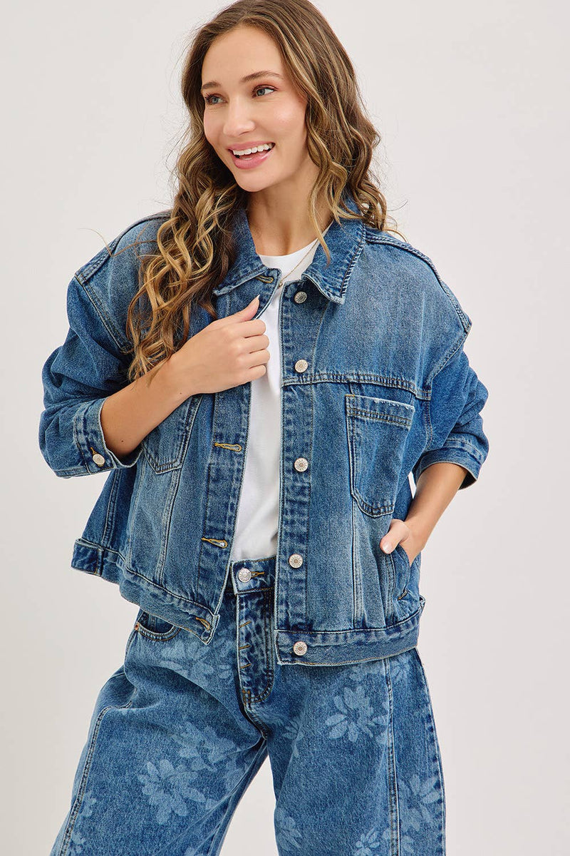 Denim Washed Floral Print Barrel Jeans