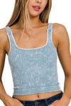 Washed Ribbed Square Neck Bra Padded Tank Top: SLEET / 3-3 (S/M-L/XL)