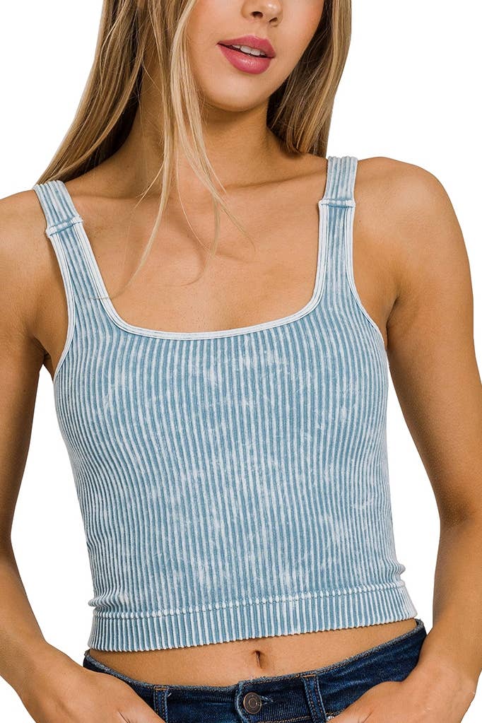 Washed Ribbed Square Neck Bra Padded Tank Top: SLEET / 3-3 (S/M-L/XL)