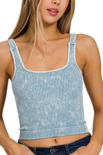 Washed Ribbed Square Neck Bra Padded Tank Top: MOCHA / 3-3 (S/M-L/XL)