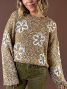 Flower Child Knit Speckled Sweater Camel featuring camel speckled knit sweater with oversized contrast flowers