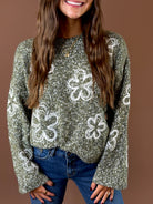 Flower Child Knit Speckled Sweater Olive featuring olive speckled knit sweater with oversized contrast flowers
