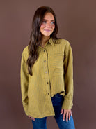 Golden Hour women’s golden kiwi striped woven button-up shirt with a pointed collar, long sleeves, and a relaxed everyday fit