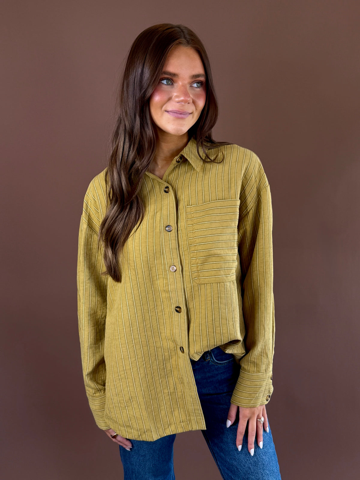 Golden Hour women’s golden kiwi striped woven button-up shirt with a pointed collar, long sleeves, and a relaxed everyday fit
