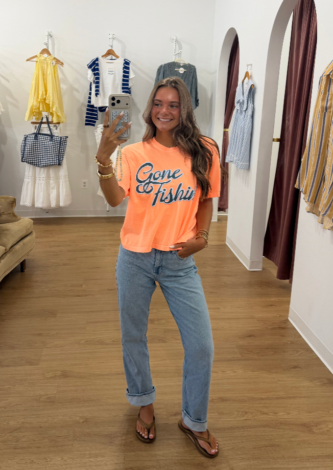 poppy and pine, gone fishin tee, trendy graphic tee, graphic tees, puff print tee, sardine summer, summer tees, summer graphics, neon tee shirt