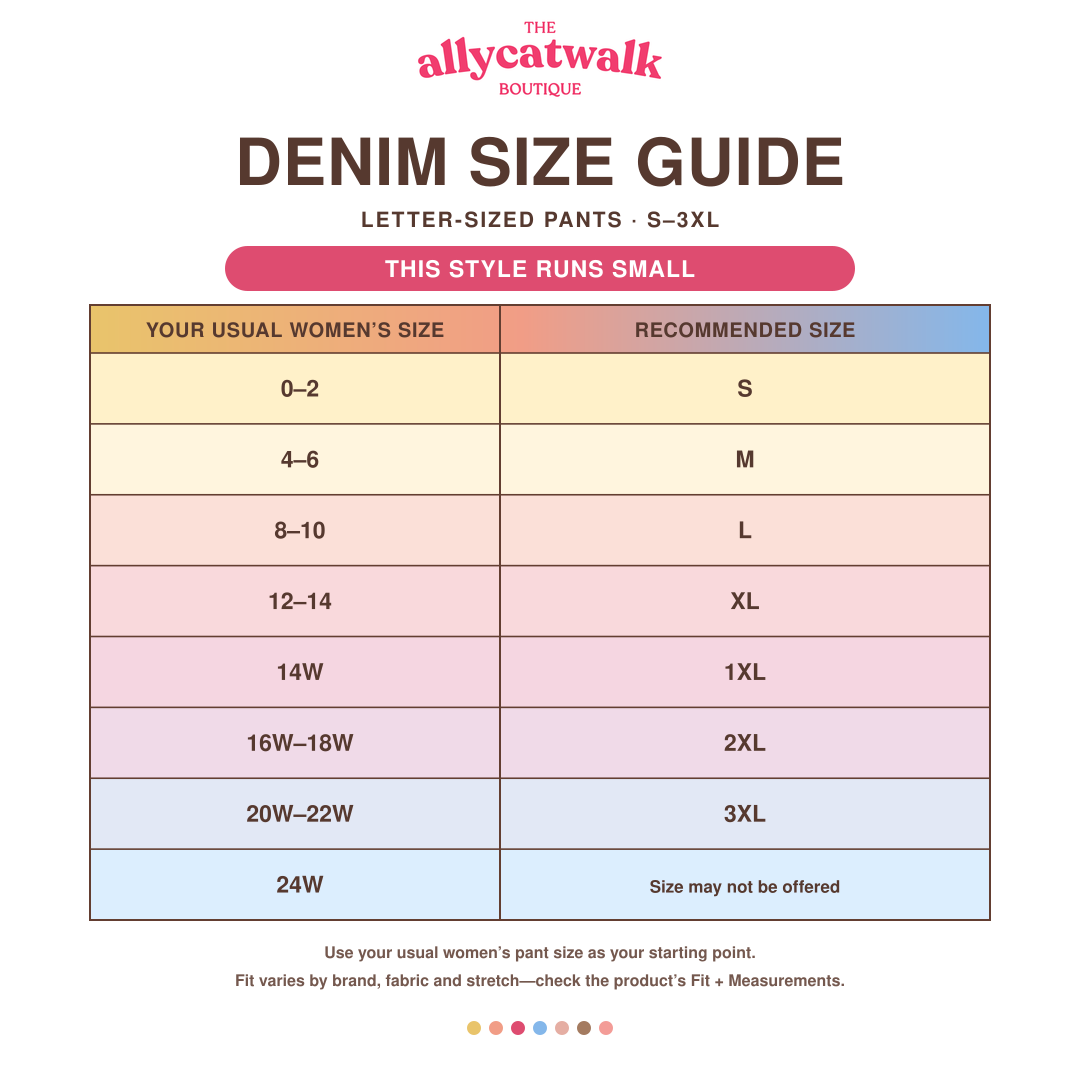 Stevie Denim Barrel Jogger runs-small women’s letter-sized pants conversion chart with regular and plus sizes