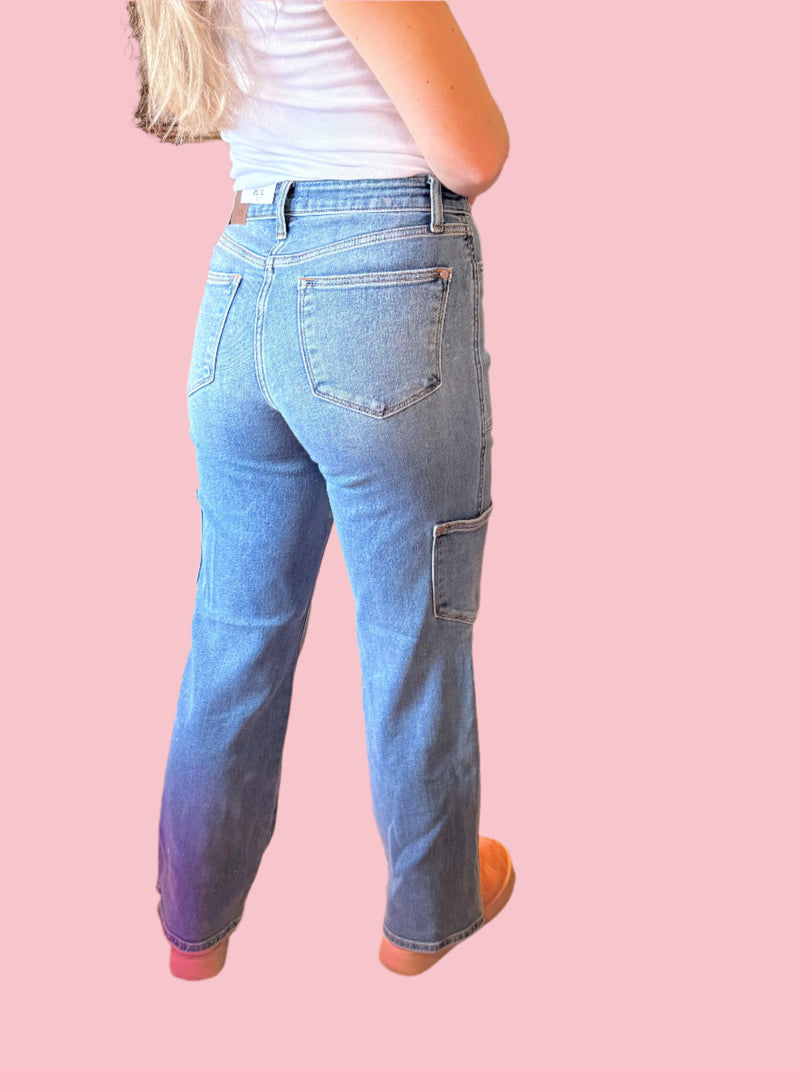 Judy Blue High Rise Medium Wash 90's Straight Leg Cargo Jean