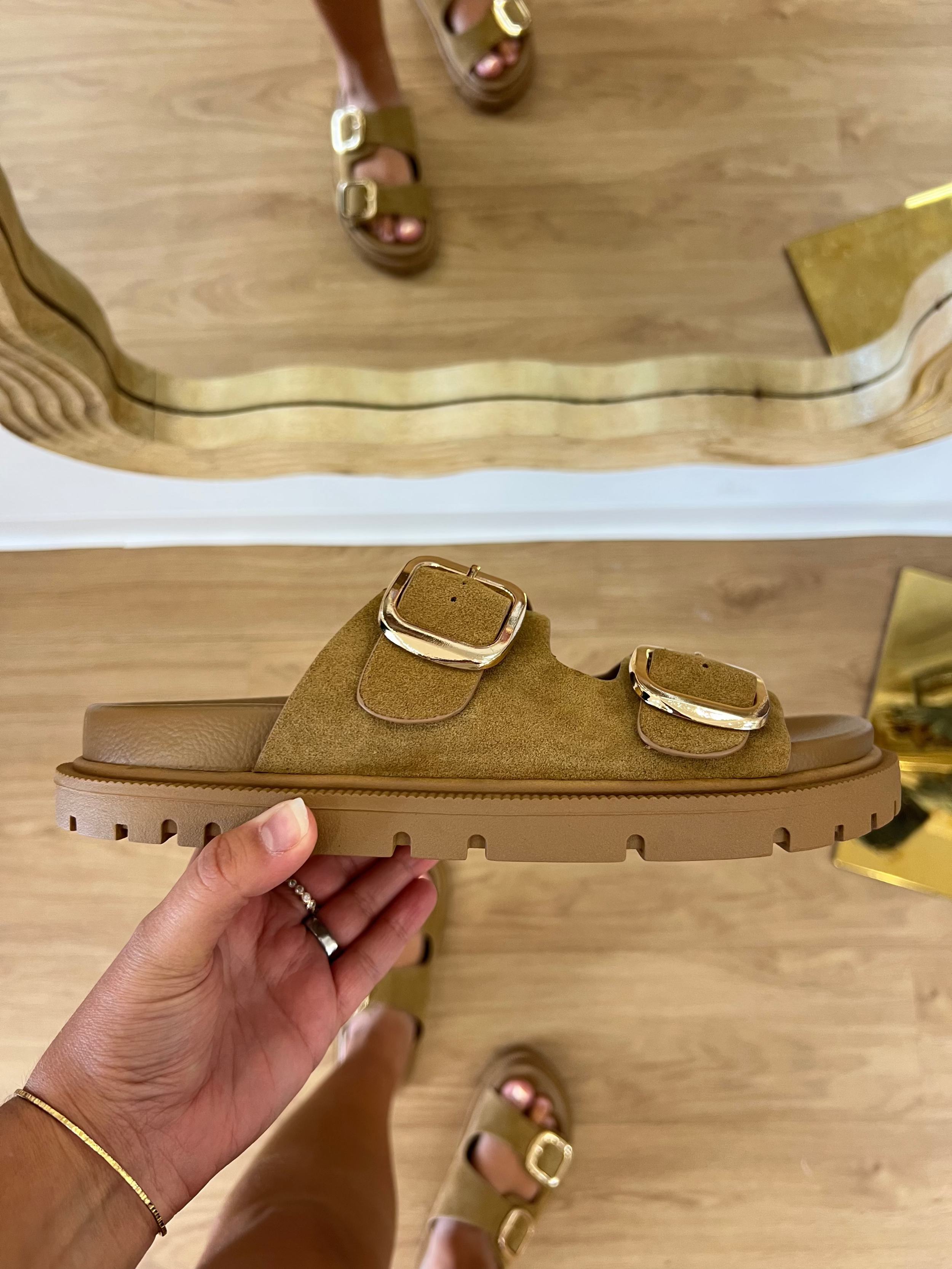 Tan recycled-suede slide sandals with two adjustable buckle straps and a cushioned footbed by MIA.