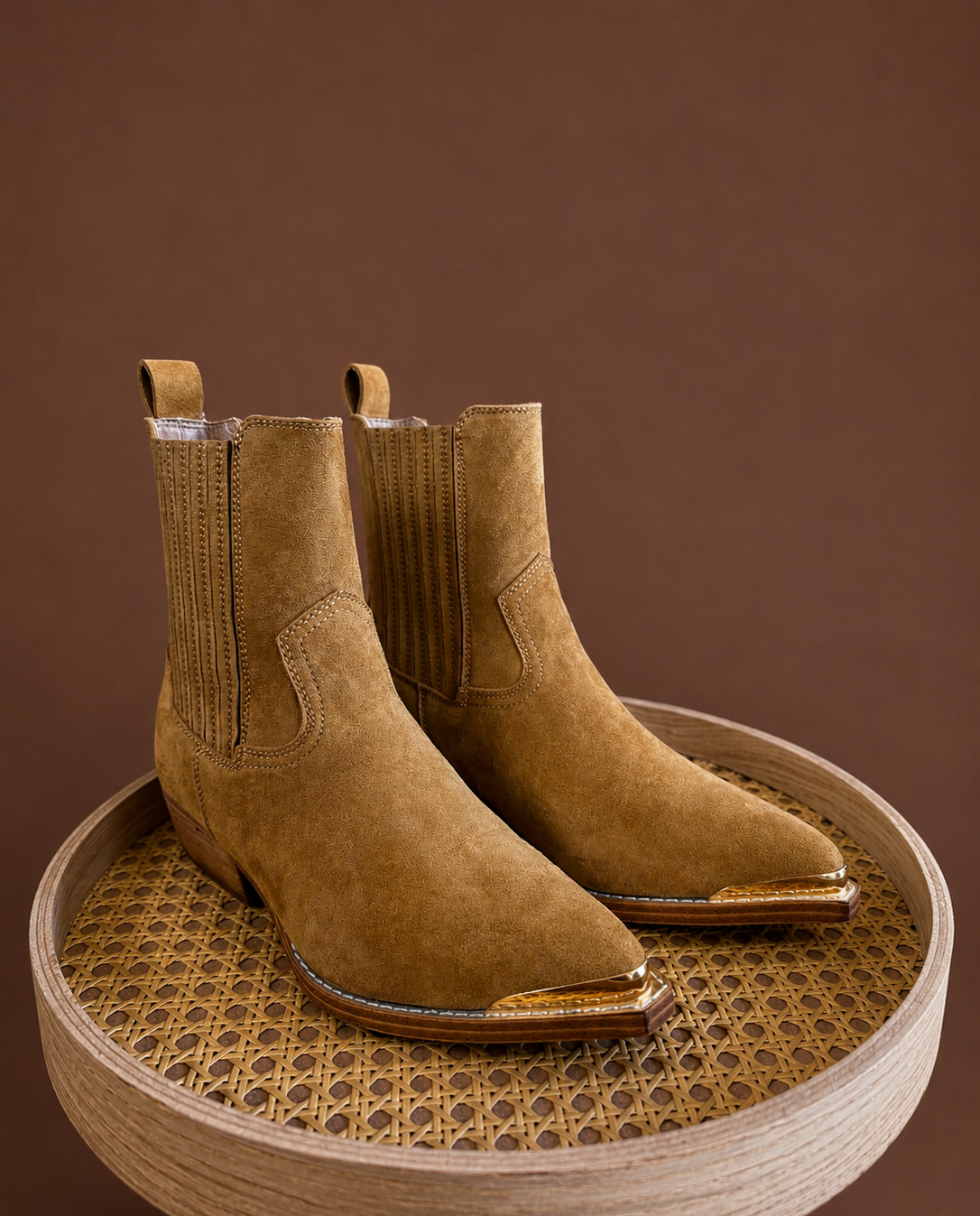 MIA Radley women’s tan recycled-suede ankle boots with a pointed toe, low heel, and polished gold pleated toe detail.