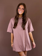 Off Duty women’s mocha cotton T-shirt dress with a round neckline, short sleeves, relaxed loose fit, and playful bubble hem silhouette
