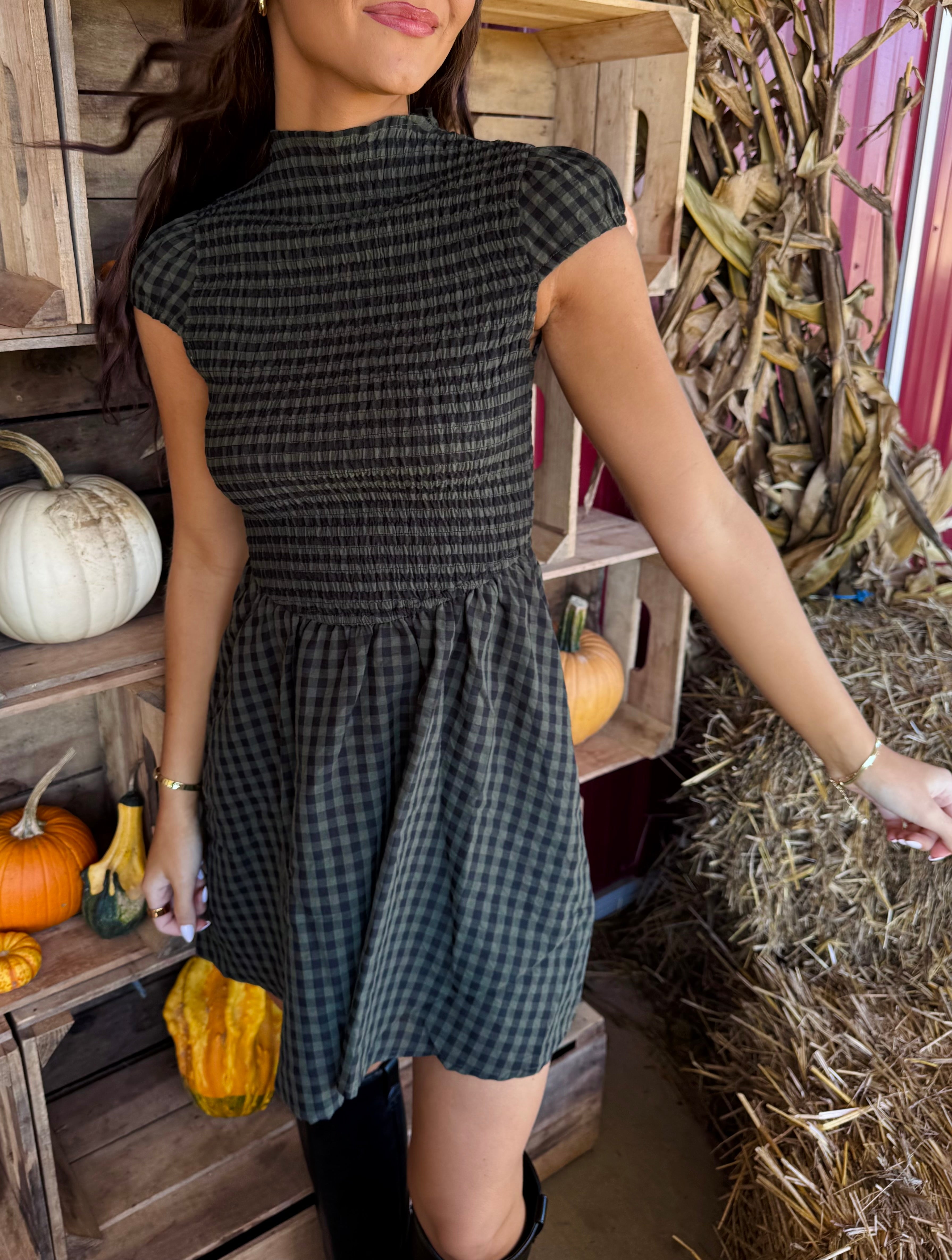 Model wearing a dark olive gingham mini dress with a smocked bodice, high mock neckline, short sleeves, and a flowy skirt.