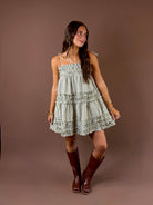 Olive You More Gingham Mini Dress featuring olive and cream gingham mini dress with square neckline and tiered ruffles