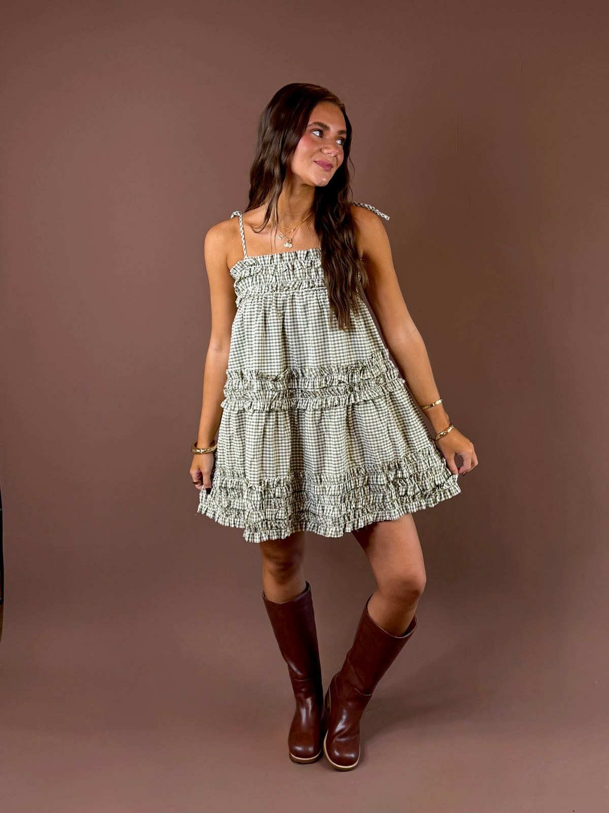 Olive You More Gingham Mini Dress featuring olive and cream gingham mini dress with square neckline and tiered ruffles