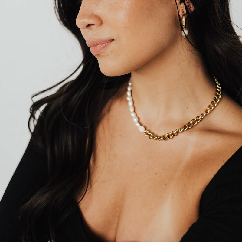 Half Pearled Chain Necklace