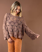 POL Cocoa Coast Open-Knit Sweater featuring chocolate brown open knit chenille sweater with flared sleeves and scalloped edges