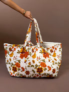 POL Cream & Clementine Quilted Jumbo Tote Bag featuring oversized cream multi quilted cotton tote bag with warm orange tones