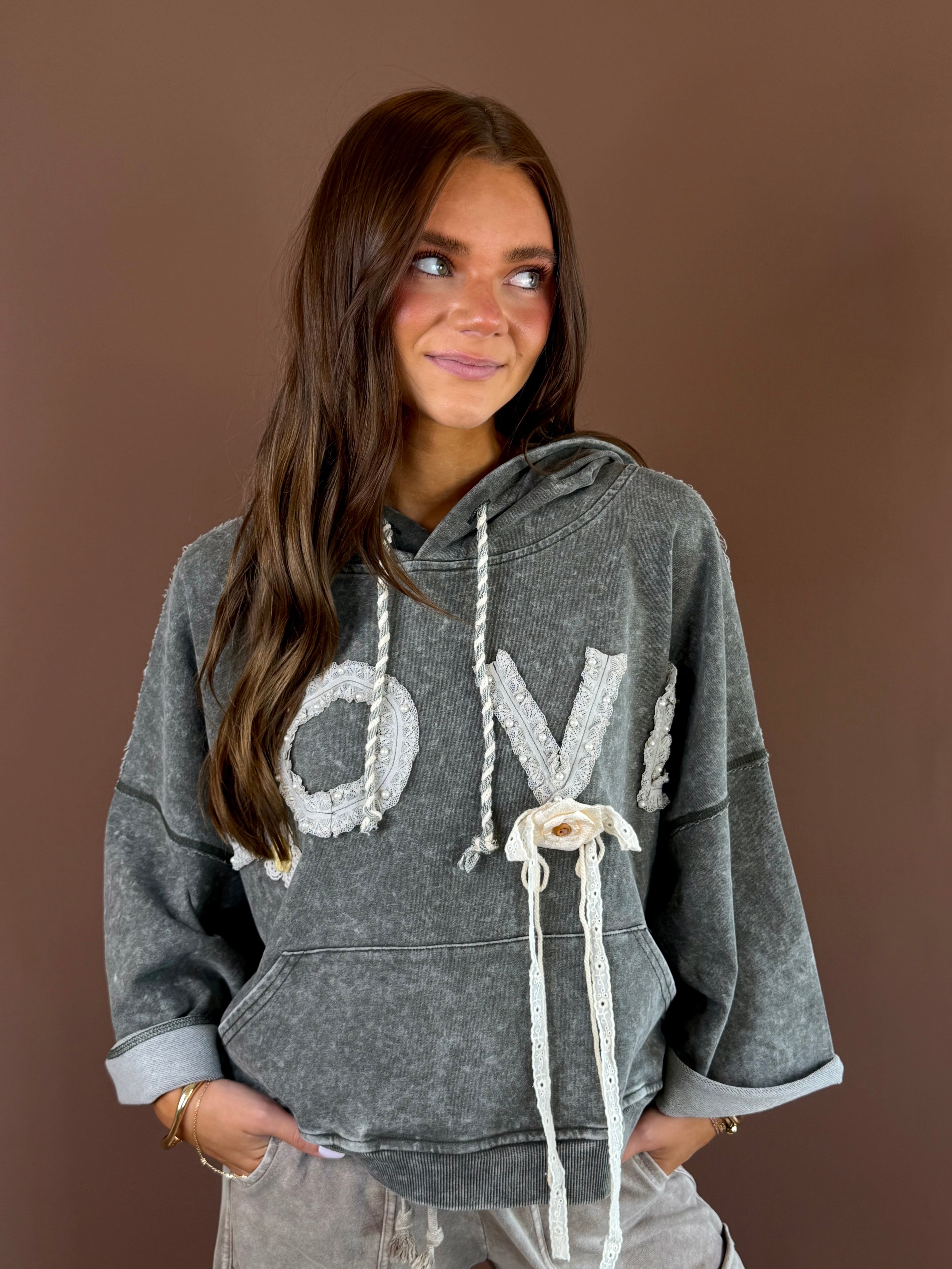 POL Lovely women’s washed charcoal oversized hoodie with floral embroidery, dimensional appliqués, crochet patchwork, and a drawstring hood