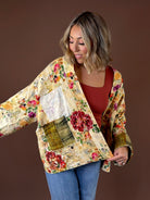 POL Pattern Play Reversible Cardigan Natural Multi featuring natural multi reversible cardigan with floral plaid and patchwork details