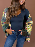 POL Pattern Play Reversible Cardigan Olive Multi featuring olive multi reversible cardigan with floral plaid and patchwork details