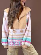 POL Sundance Sherpa Patchwork Pullover featuring camel and blush sherpa patchwork half zip pullover with mixed knit stripes