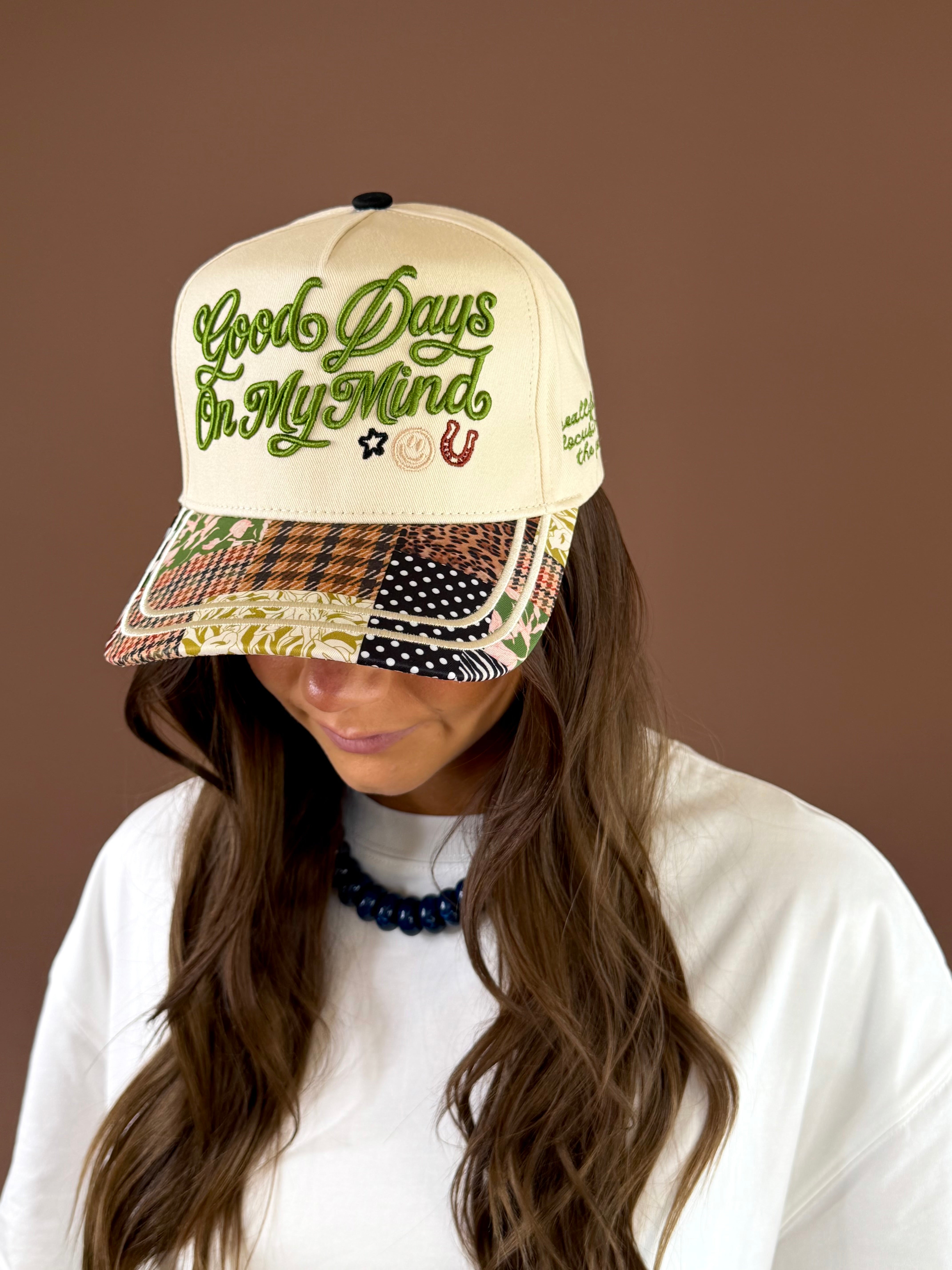 POPPY & PINE Good Days On My Mind canvas hat with embroidered puff-stitch lettering