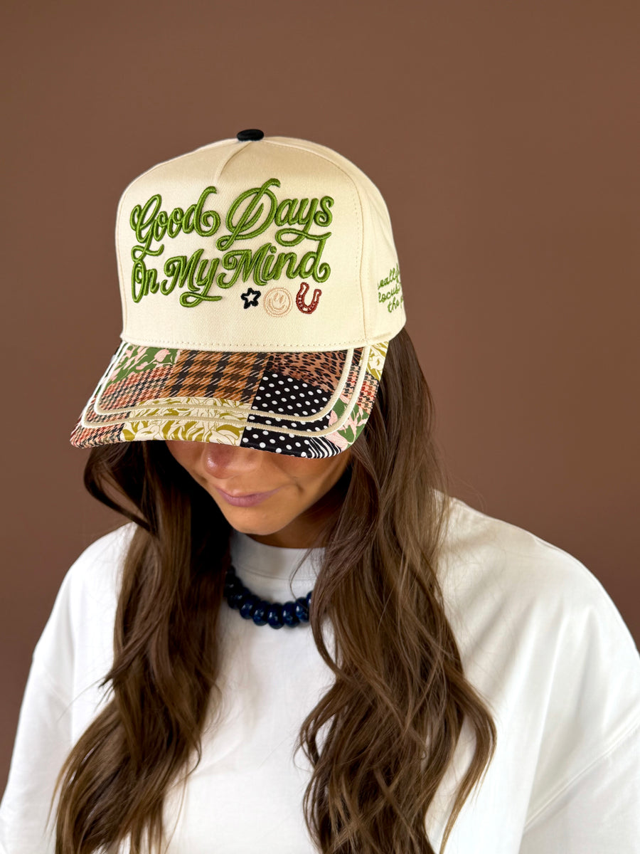 POPPY & PINE canvas baseball cap with colorful embroidered puff-stitch Good Days On My Mind lettering across the front
