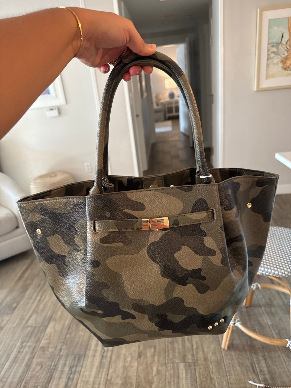 Pretty Simple Teagan Tote Bag in olive green camo print with top handles
