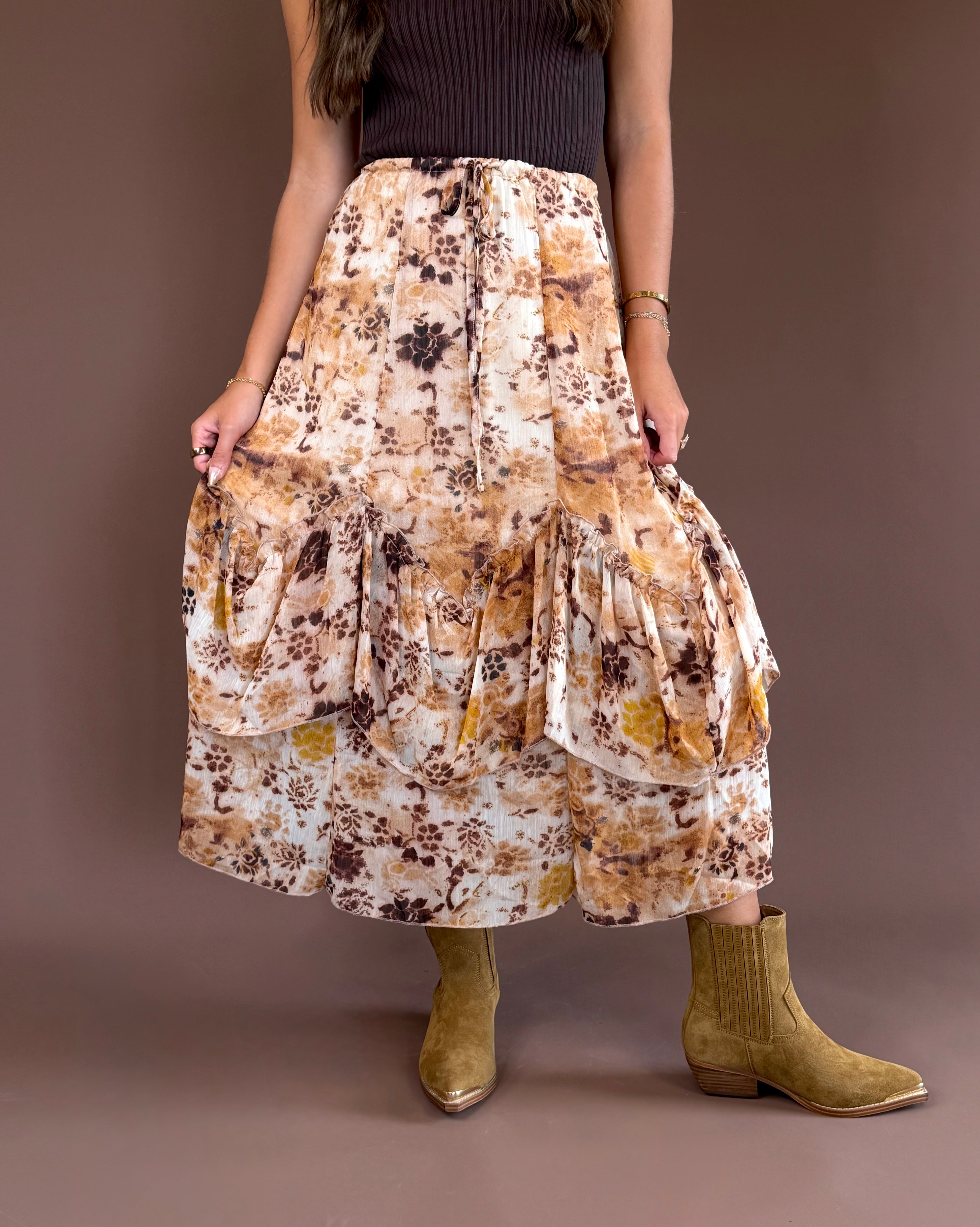 Rein Me In women’s floral-print midi skirt with romantic ruffle tiers and a comfortable drawstring elastic waistband.