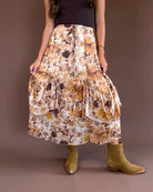Rein Me In women’s floral-print midi skirt with romantic ruffle tiers and a comfortable drawstring elastic waistband.