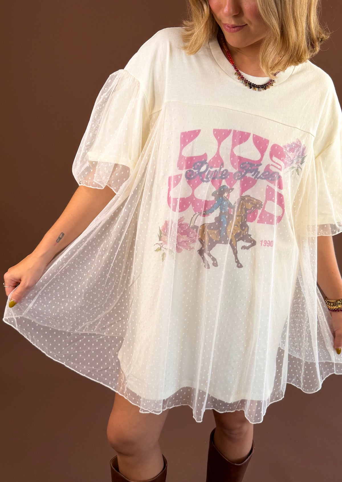 Ride Free women's graphic T-shirt mini dress with short sleeves, a round neckline, and a flowy mesh lace overlay.