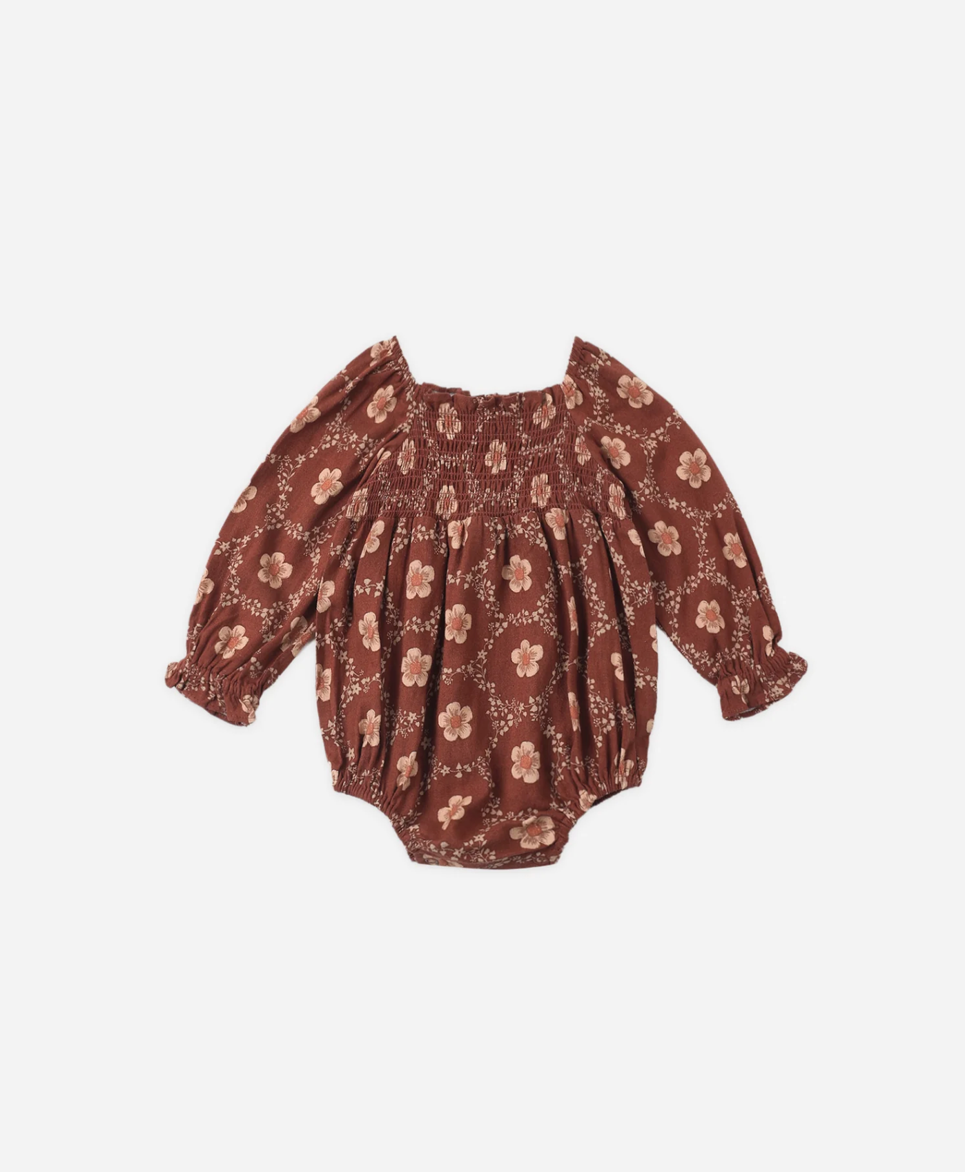 RYLEE & CRU Adelaide Romper Brick Daisies featuring brick daisy children's romper with smocked bodice and puff sleeves