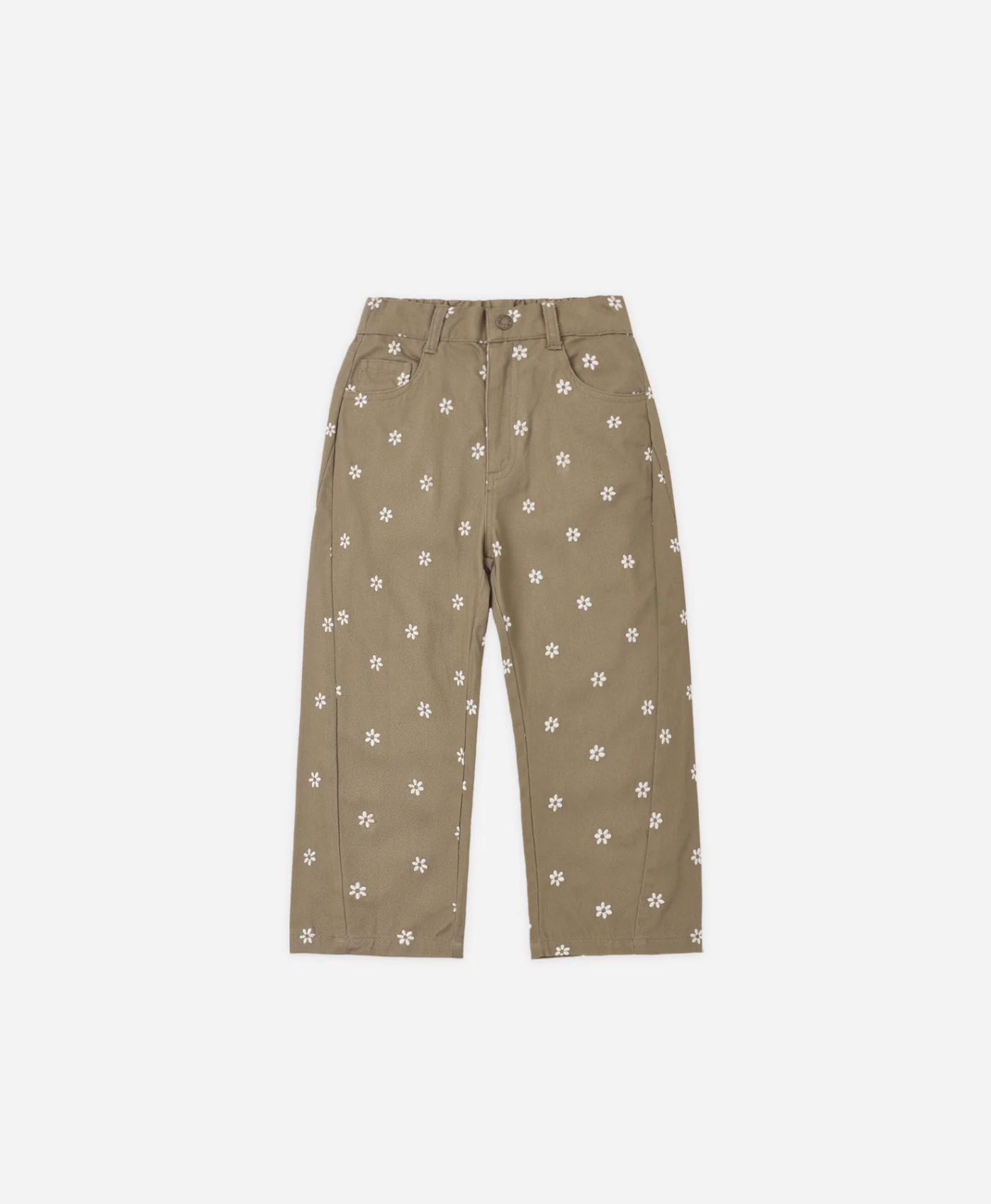 RYLEE & CRU Barrel Pants Olive Embroidered Daisies featuring olive canvas children's barrel pants with daisy embroidery and elastic back waistband